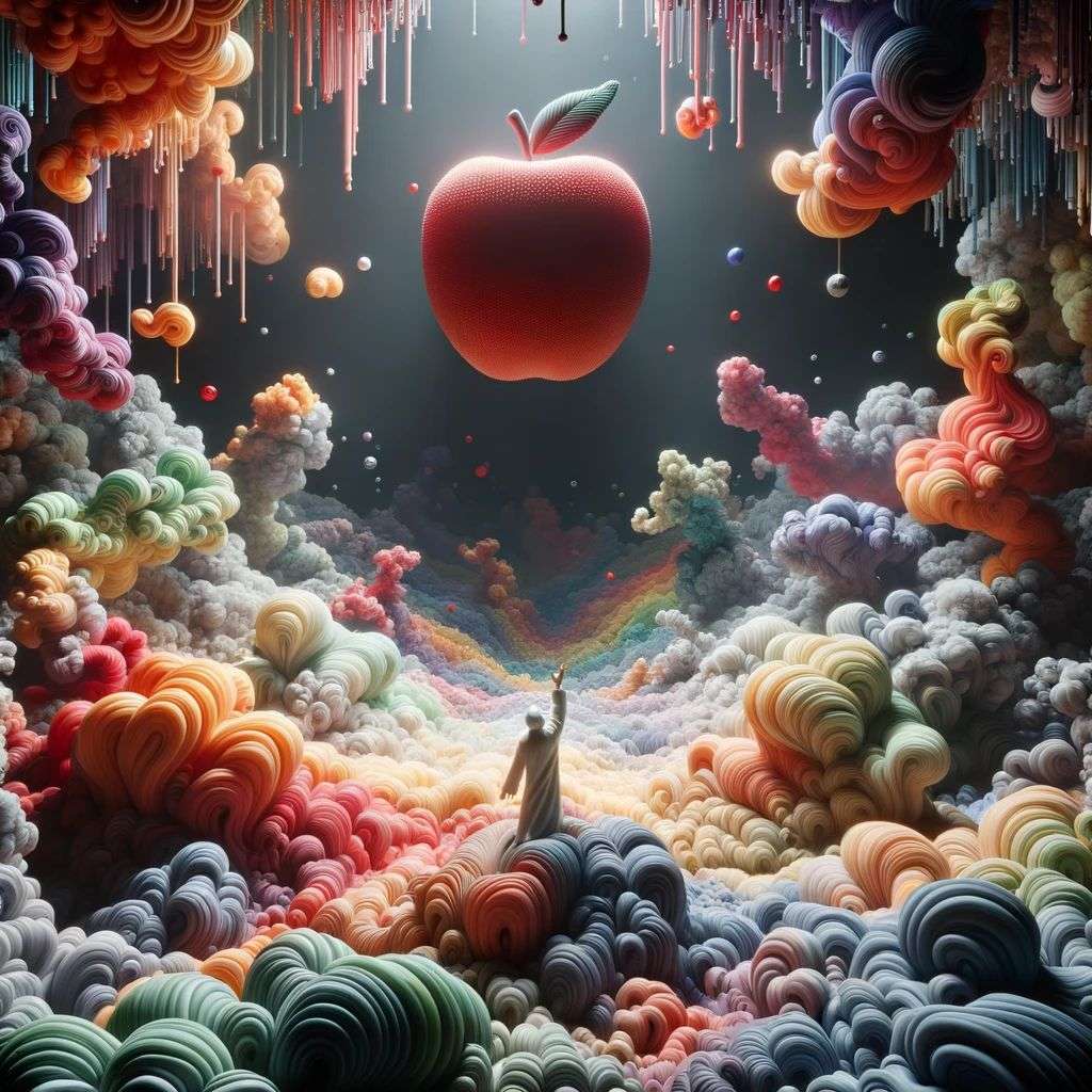 the discovery of gravity made of very detailed curling wispy glowing multicolored smoke, digital art, volumetric, 3D render, Octane render